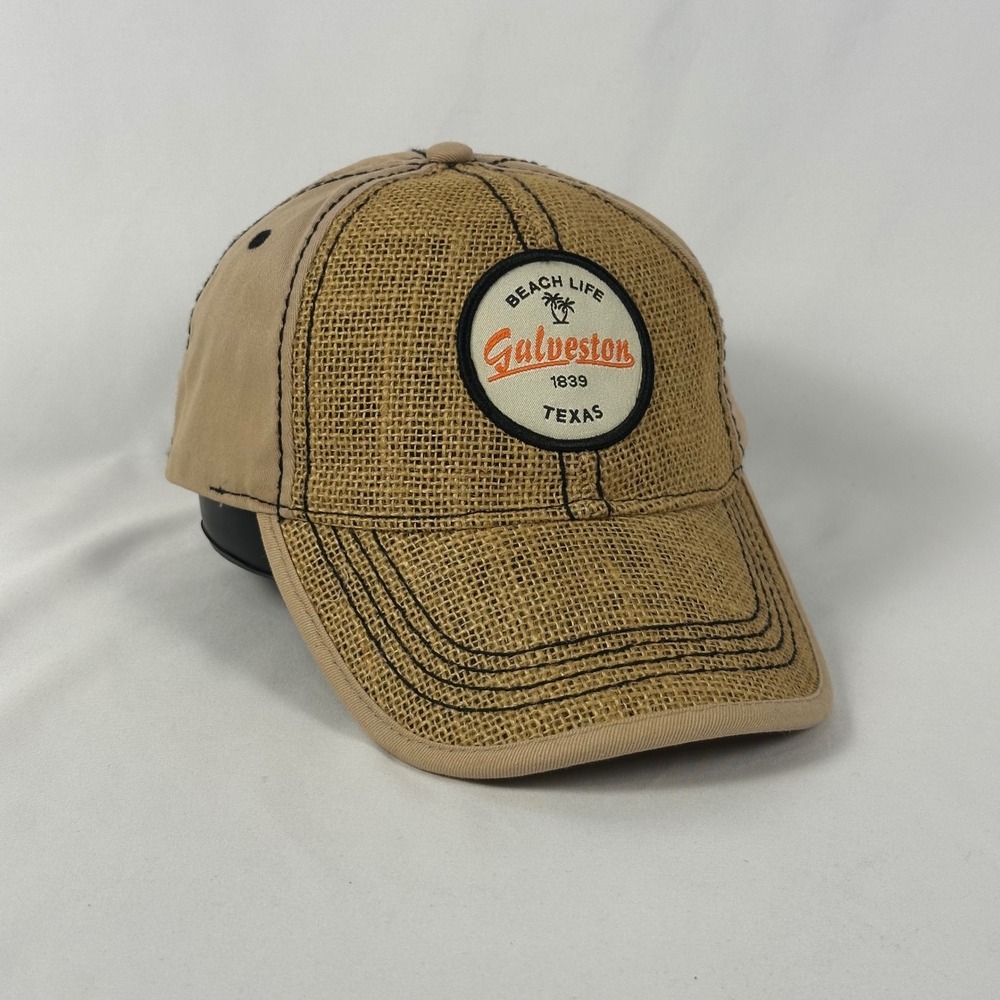 Galveston Texas Beach Life Baseball Cap Men OSFA Tan Burlap Texture